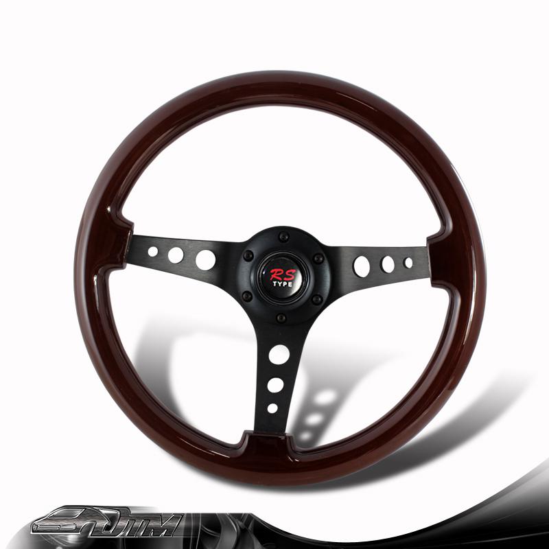 Universal 6-holed bolt 345mm deep dish dark wood grain style steering wheel