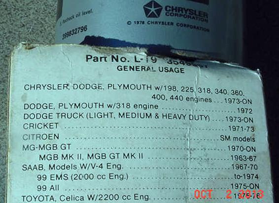 Mopar NOS Oil Filter #3549957- A/B/C/E-Body Charger Dart Demon Challenger Cuda, US $15.99, image 2