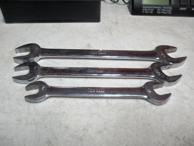 Snap on 3 pc open end wrenches 9/16" by 5/8", 3/4" by13/16", 7/8" by 15/16"