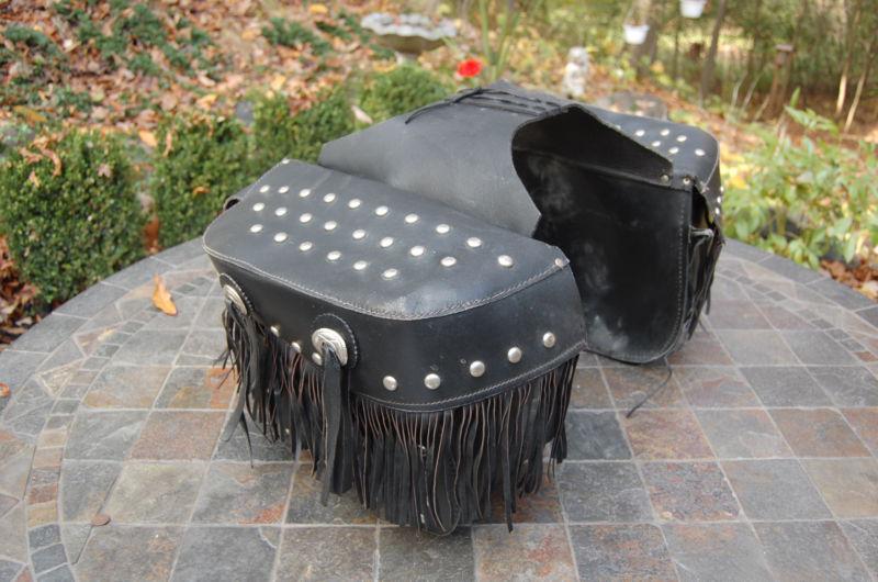 Motorcycle throw over black leather saddlebags, studded,fringe tassels, conchos