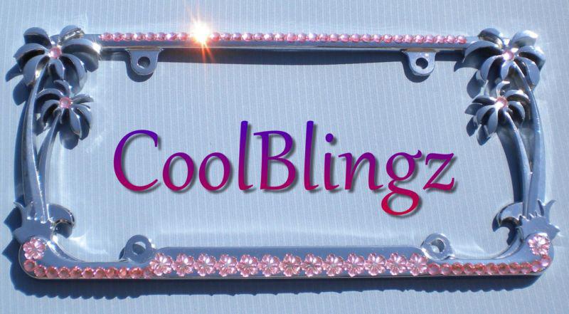 Baby pink crystal rhinestone & flowers palm tree license plate frame sparkle