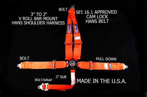Rjs racing sfi 16.1 5 point hans cam lock v roll bar mount belt orange 1043705