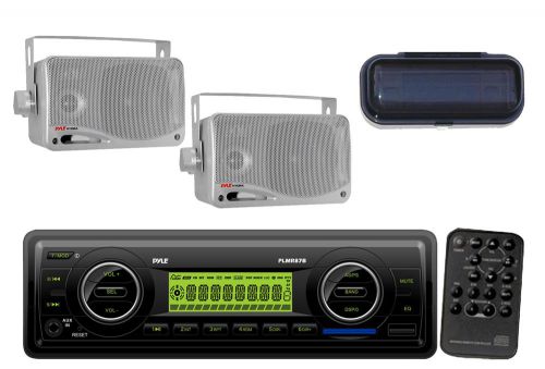 Marine pyle weatherband sd mp3 usb aux radio, cover,2 silver 3.5&#034; mini speakers