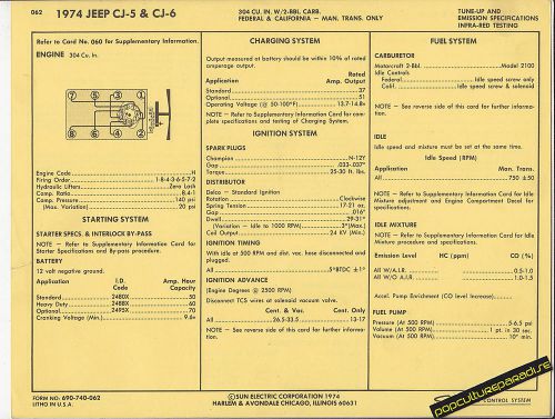 1974 jeep cj-5 &amp; cj-6 304 ci v8 engine car sun electric spec sheet