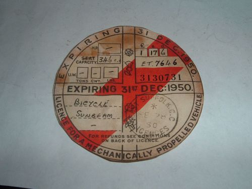 Sunbeam s7 for a 1950 photo copy tax disc et 7646 350cc white out # and cc