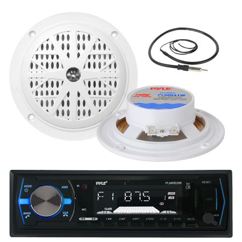 4&#034; white marine 100w speakers, antenna, pyle black am fm aux marine receiver