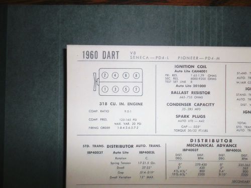 1960 dodge dart eight series seneca pd4-l phoenix pd4-m 318 ci v8 tune up chart