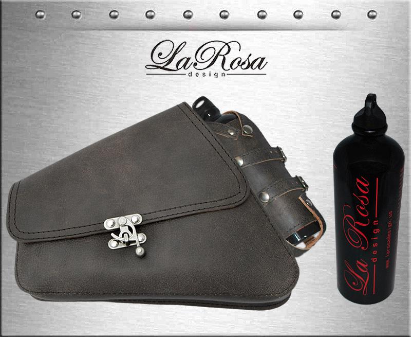 Larosa rustic black leather harley sportster fast release saddlebag + fuel can