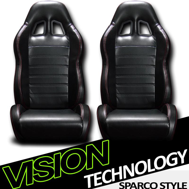 2x universal sp style pvc leather black & red stitch racing seats+sliders l+r 24