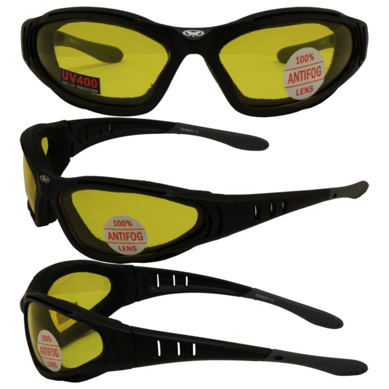 Ultra black frame padded motorcycle riding sunglasses anti-fog yellow lens