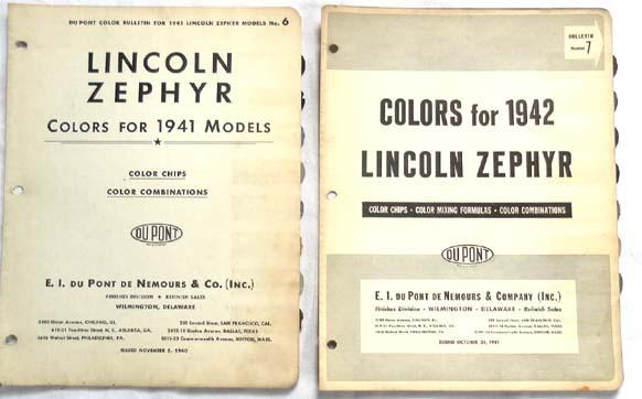 1941 - 1942 lincoln zephyr dupont color paint chip charts  original