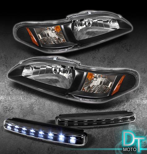 Black 94-98 mustang 2in1 crystal headlights w/corner +led bumper fog lights lamp