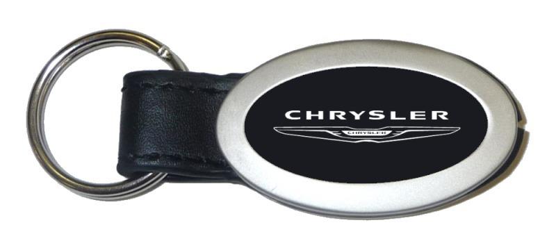Chrysler black oval leather metal key chain ring tag key fob logo lanyard