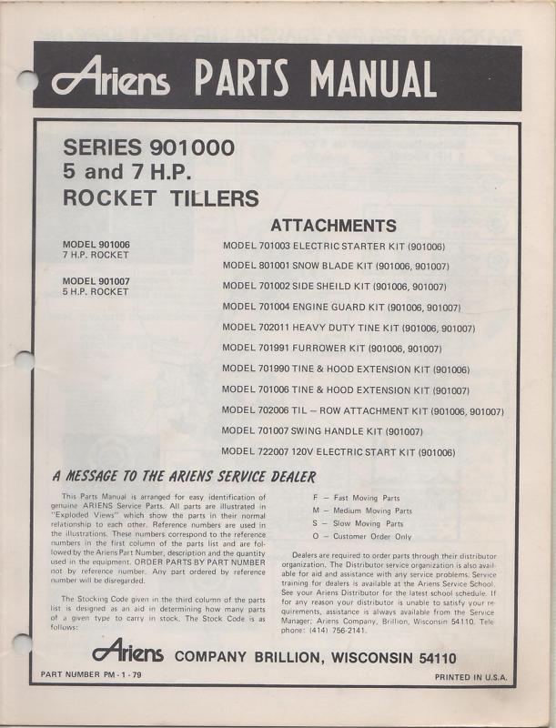  ariens series 901000  5 & 7 hp rocket tillers parts manual p/n pm-1-79 (047)