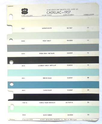 1957 cadillac acme color paint chip chart all models original 