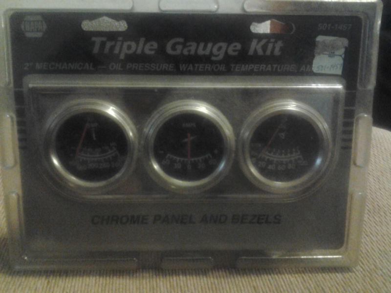 Triple gauge kit oil amps temp   chrome panel and bezels