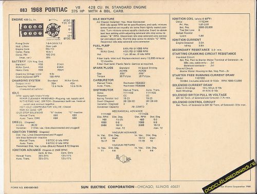 1968 pontiac v8 428 ci 375 hp 4 bbl carb engine car sun electronic spec sheet