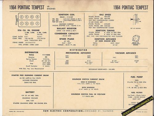 1964 pontiac tempest v8 326 ci engine car sun electronic spec sheet