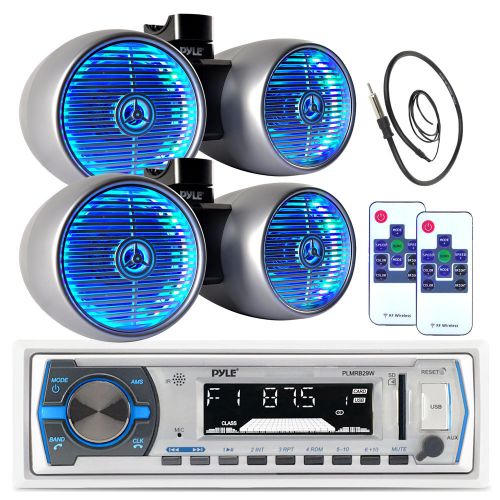 Silver 8&#034; 600w wake board tower speaker sets, usb bluetooth radio, antenna