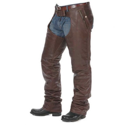 2xl size mens brown leather motorcycle chaps with stretchable thigh