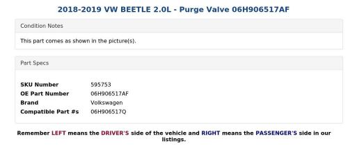 2018-2019 VW BEETLE 2.0L - Purge Valve 06H906517AF, US $29.99, image 2