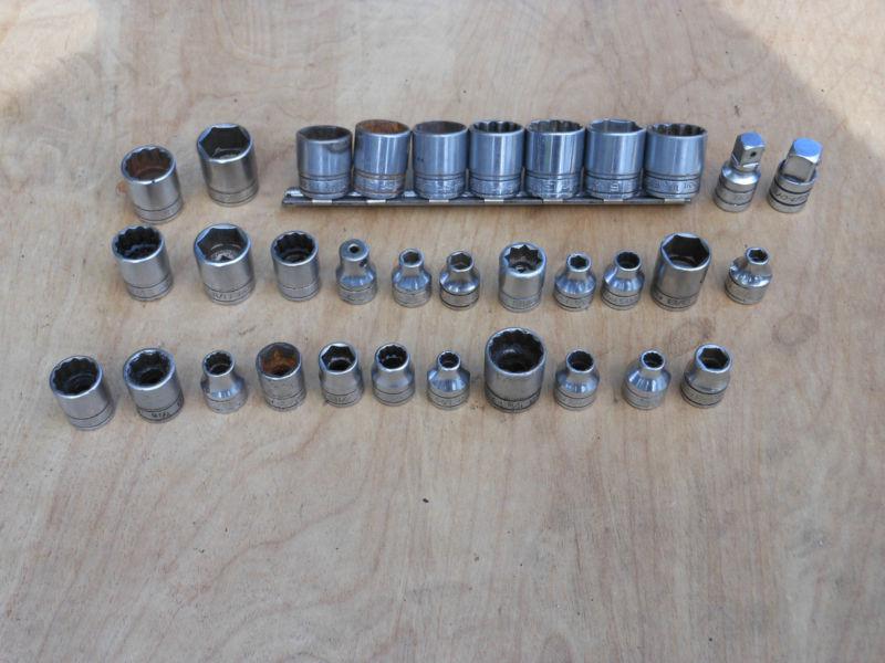 Lot of 33 used snap on 3/8" drive sae shallow chrome sockets. 
