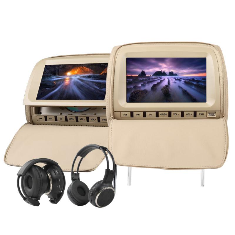 C1036 car 2x9"lcd tan zipper pillow headrest dvd player speaker ir headphone/usb