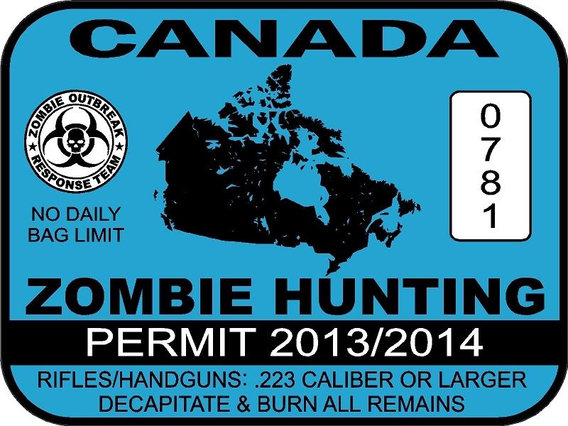 Canada zombie hunting permit license decal 3"x4" vinyl vehicle sticker graphics 