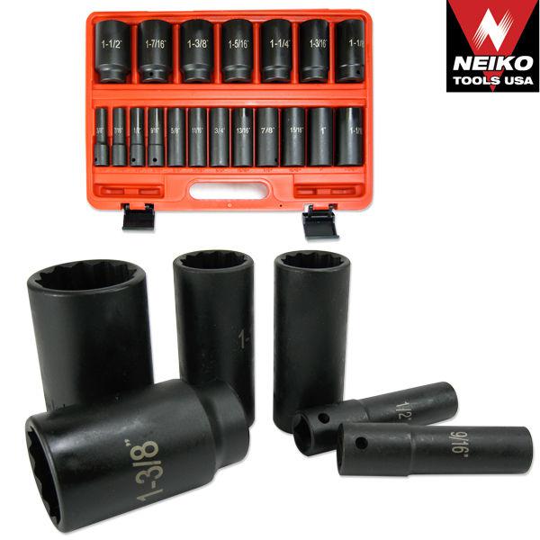 19 pc 1/2" dr. 12 point deep air impact sae socket set automotive tools shop