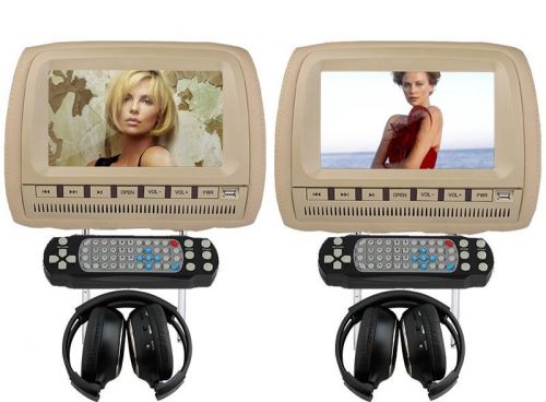 Pair car headrest dvd player monitors 9&#034; beige fits suv pickup caravan truck mpv