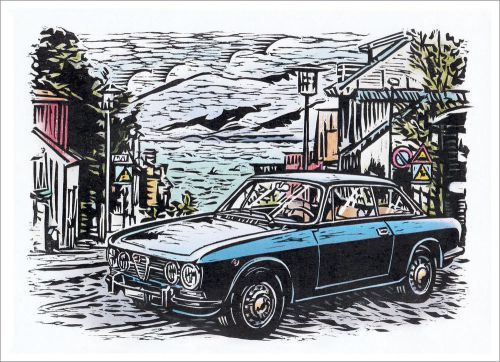 Exclusive classic alfa romeo 2000gt woodcut print, signed &amp; numbered by artist!