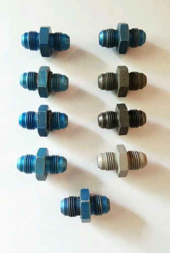 Lot of 9 an flare union fittings - blue anodized