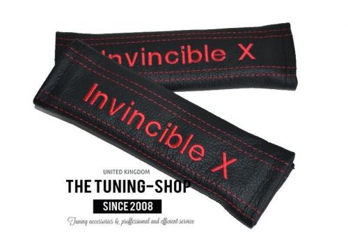 SEAT BELT COVERS HARNESS PADS BLACK LEATHER EMBROIDERY INVINCIBLE X RED STITCH, AU $68.29, image 3