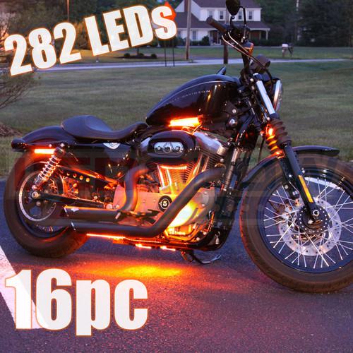 Orange led motorcycle lighting accent glow kit w 16 flexible strips & 282 leds