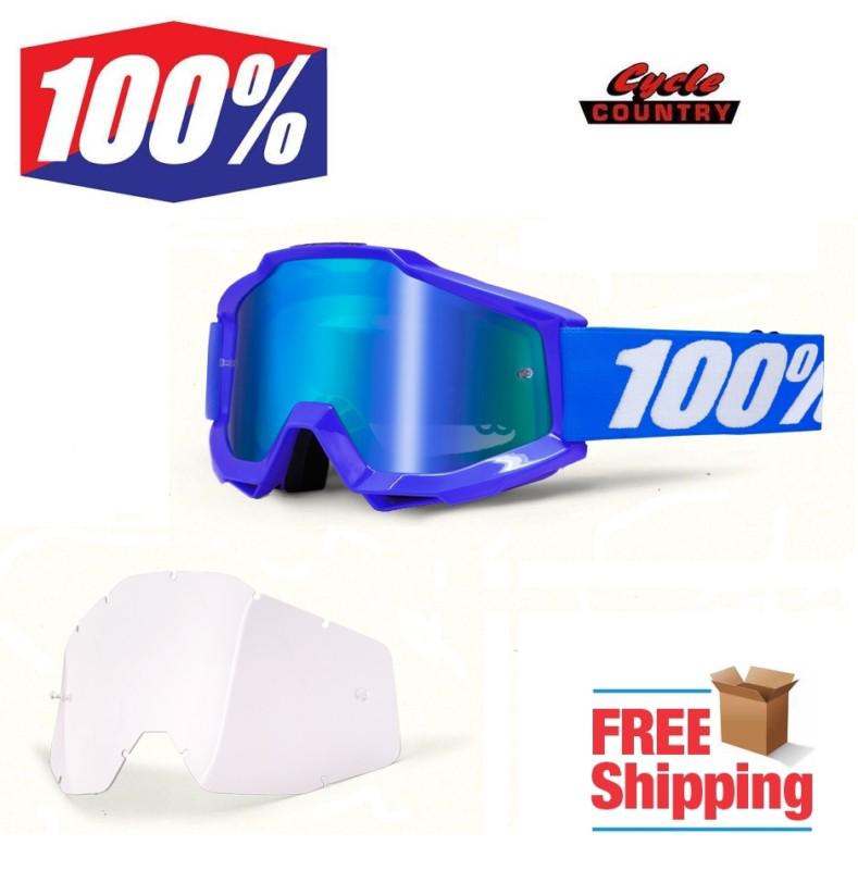 100% goggles accuri reflex blue mirror + clear mx motocross motorcycle atv new