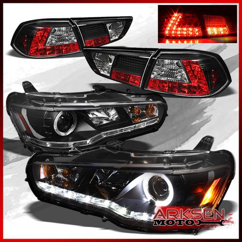 08-12 lancer evo x halo drl strip projector headlights+black led tail lights