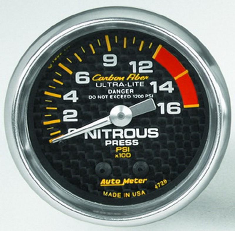 Nitrous pressure, 0-1,600 psi, 2 1/16" auto meter 4728 carbon fiber ultra-lite