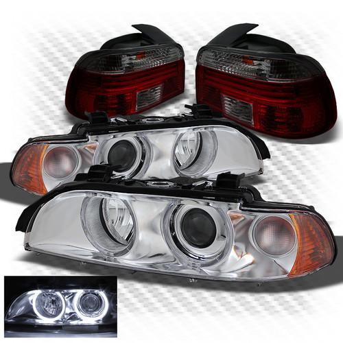 97-00 e39 5-series g2 chrome halo projector headlights + red smoked tail lights