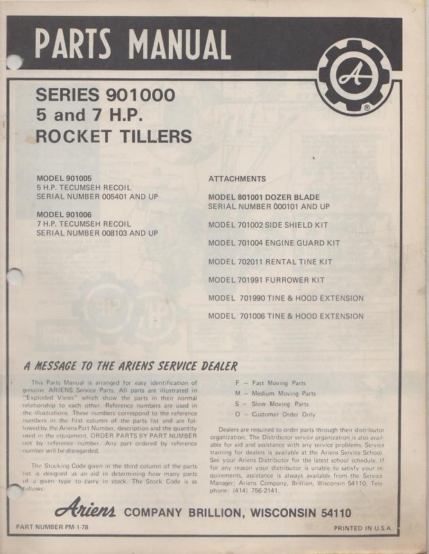  ariens 5 and 7 hp rocket tillers parts manual p/n pm-1-78 (034)