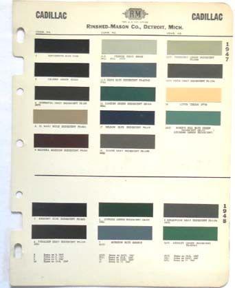 1947 - 1948 cadillac r-m color paint chip chart all models original