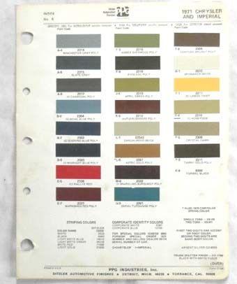 1971 chrysler and imperial ppg color paint chip chart all models 