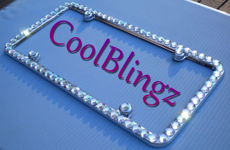 Big crystal ab rhinestone license plate frame diamond sparkle bling + screw caps