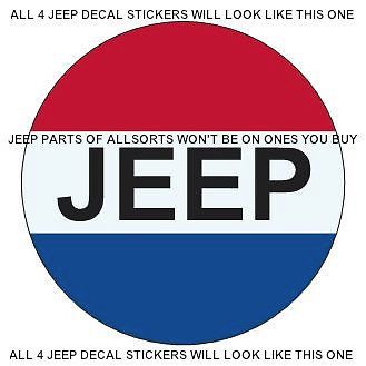 All amc jeep vehicles black jeep script on 4 round red+white+blue decal stickers
