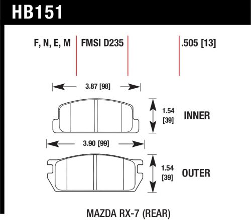 Hawk hb151m.505 black brake pad mazda rx-7 rear .505 thick