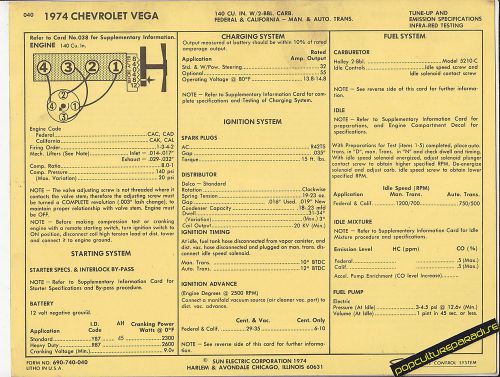 1974 chevrolet vega 140 ci 4 cylinder 2 bbl car sun electronic spec sheet