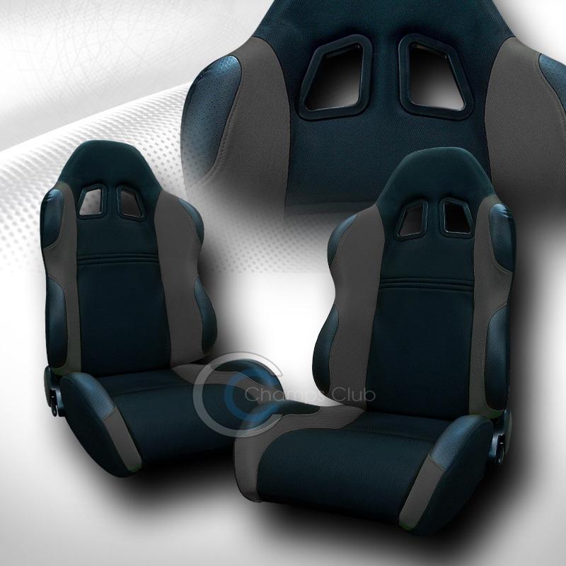 Universal jdm-ts blk/gray cloth car racing bucket seats+sliders pair us vehicle