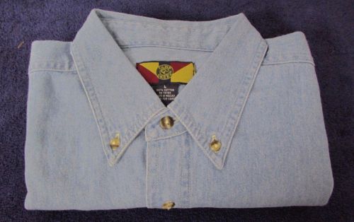 Denim shirt (l) short sleeve blue cotton super service trucking camp creek a10-7