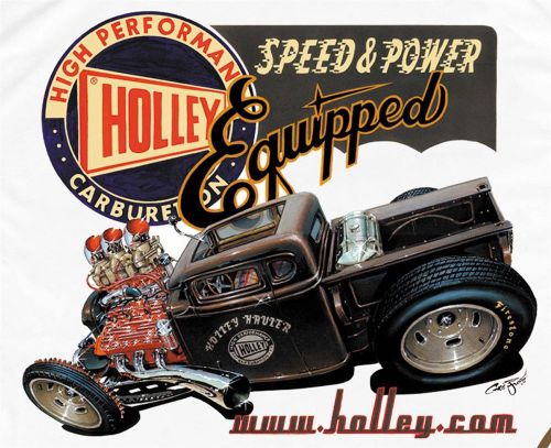 Retro rat rod pickup t-shirt with flathead ford engine by holley carbs