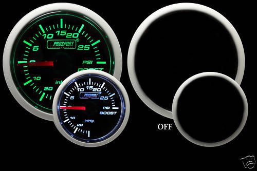 Mechanical boost gauge prosport gauges wrx  green and white 52mm 2 1/16&#034;