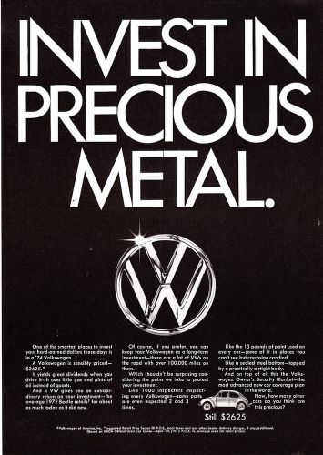 1974 vw volkswagen beetle &amp; logo photo &#034;invest in precious metal&#034; promo print ad